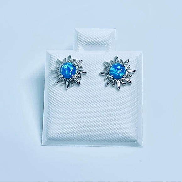 Sterling Silver Blue Lab Opal Blazing Sun Earrings, Silver Stud Earring, Sunny - Picture 2 of 13
